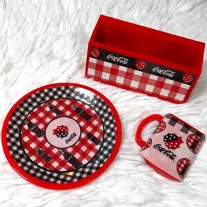 NWOT Set of 3 Vintage Coca-Cola Ladybug Check Plate Mug Caddy Nesting Magnets